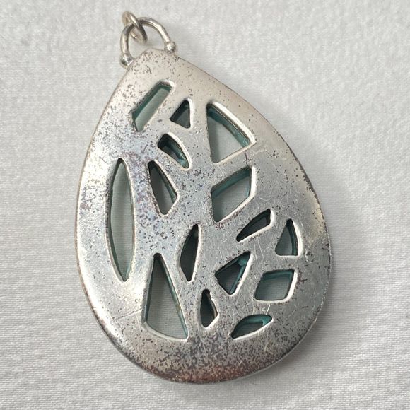 Teardrop Pendant Open Marbled Mint Green Stone Silver Tone Setting - Picture 6 of 8